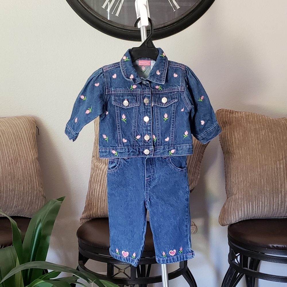 Cradle Togs Jean Jacket & Pants | Pink Hearts & Flower detail